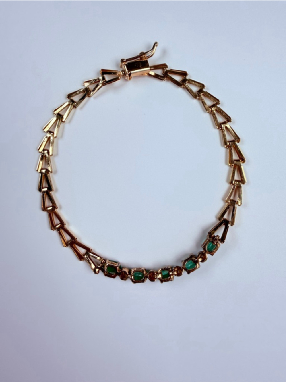 14K Solid Yellow Gold Emerald & Diamond VTG Chevron Arrow Link Tennis Bracelet - Picture 4 of 12